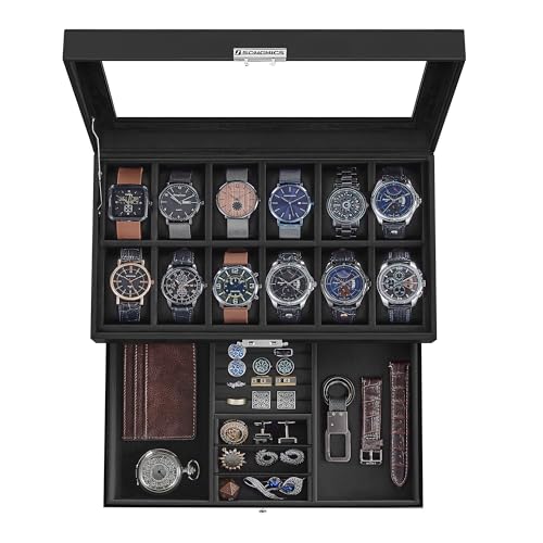 SONGMICS 12-Slot Watch Box, Lockable Watch Case with Glass Lid, 2 Layers, with 1 Drawer for Rings, Bracelets, Gift Idea, Black Synthetic Leather, Black Lining UJWB012B03