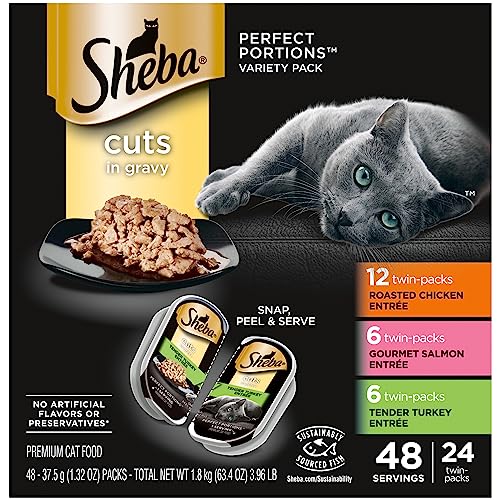 SHEBA PERFECT PORTIONS Cuts in Gravy Adult Wet Cat Food Trays (24 Count (pack of 2), 48 Servings), Roasted Chicken, Gourmet Salmon and Tender Turkey Entrée, Easy Peel Twin-Pack Trays