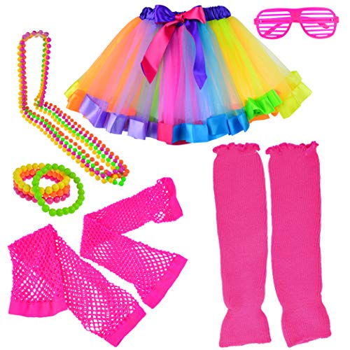Miayon 6 in 1 80s Costume Accessories for Kids 1980s Fancy Outfits and Tutu Set for 80s Retro Theme Cosplay Party for Girl(Rainbow)