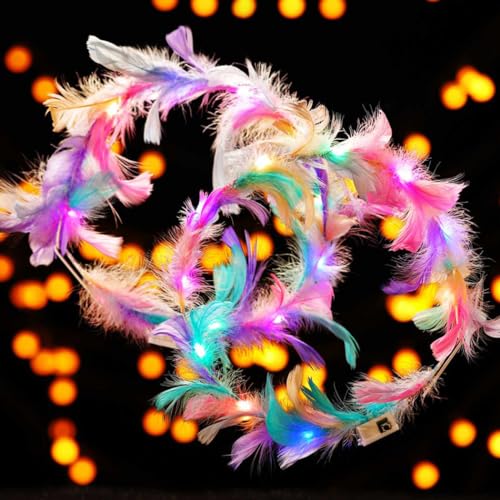 LUDRESS LED Feather Headbands Light Up Headband Flashing Glowing Headpiece Festival Party Hair Accessories for Women and Girls,Pack of 2