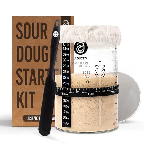 Sourdough Starter Jar Kit with 34 oz Glass Jar – Extra Thermometer Strips and Breathable Covers Included in Sourdough Starter Kit – A Perfect Sourdough Bread Starter Kit for Beginners to Expert