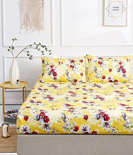 DaDa Bedding Radiant Sunshine Birds Floral Yellow Fitted Sheet - Spring Time Hummingbirds Bright Vibrant Multi-Colorful Red Flowers w/Pillow Case Set - Twin Size - 2-Pieces