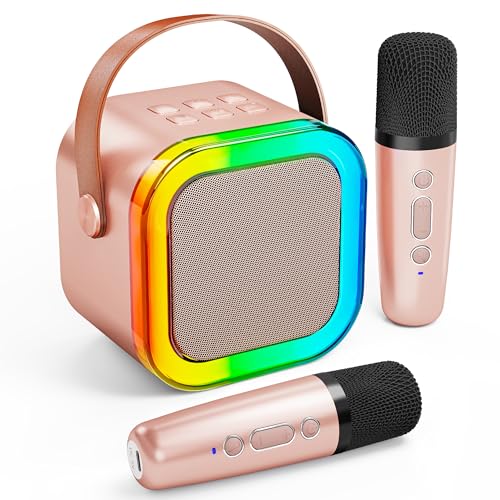 Karaoke Machine for Kids Adults, Portable Bluetooth Karaoke Microphone Singing Speaker with 2 Wireless Mics & Led Lights for All Smartphones,Birthday Gifts, Mother's Day,Family Home Party (Rose Gold)