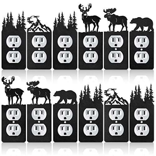 12 Pcs Metal Bear Light Switch Cover Moose Tree Mountain Elk Black Light Switch Plate Forest Outlet Cover Toggle Light Switch Wall Plate Cover for Home Bedroom Single Gang Socket (Cute Style)