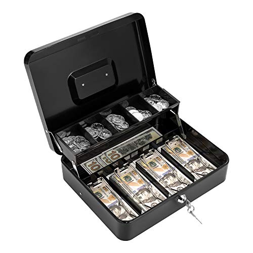 Cash Box with Lock Key and Money Tray Large Money Box for Cash Metal Lock Box for Money 11.8' x 9.4' x 3.54' Black