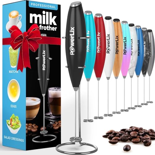 PowerLix Powerful Handheld Milk Frother With Stand Battery Operated Foam Maker Frother Wand For Coffee, Latte, Cappuccino, Hot Chocolate, Mini Drink Mixer Stainless Steel Whisk