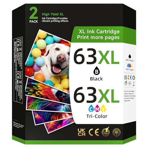 63XL Ink Cartridges Black and Color for HP Ink 63 Replacement for HP 63XL Ink Cartridges Combo Pack Fit for Officejet 3830 4650 4655 Envy 4520 3634 Deskjet 3630 1111 Printer (2 Pack)