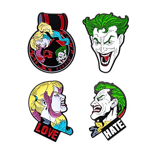 DC Comics Unisex Adult Joker and Harley Quinn Face Enamel Lapel Pin Set (4 piece), Multi Color, One Size