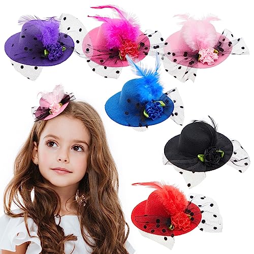 Juvale 6 Pieces Mini Tea Party Hats for Women, Clip-On Design - Fancy Hair Fascinators for Women and Girls in 6 Colors, Tiny Hat Hair Clips for Tea Party Favors (4 Inches)