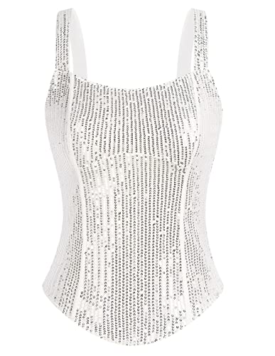Women Bustier Corset Top Sexy Slim Tank Top Silver White Summer Square Neck Sleeveless Party M