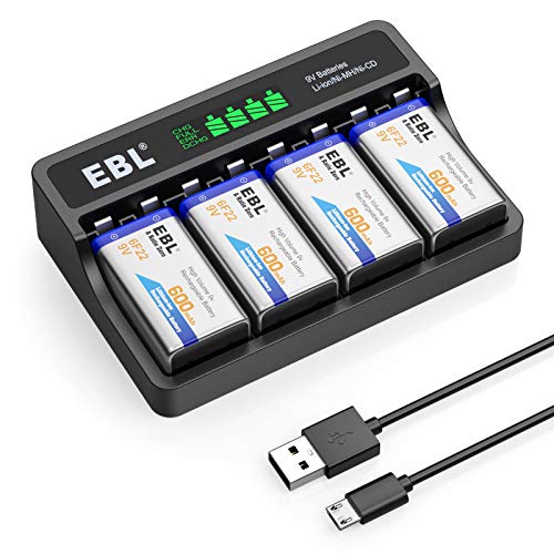 EBL 9V Li-ion Rechargeable Batteries 600mAh 4-Pack with LCD 9V Smart Battery Charger for 9 Volt Lithium-ion/Ni-MH/Ni-CD Rechargeable Batteries