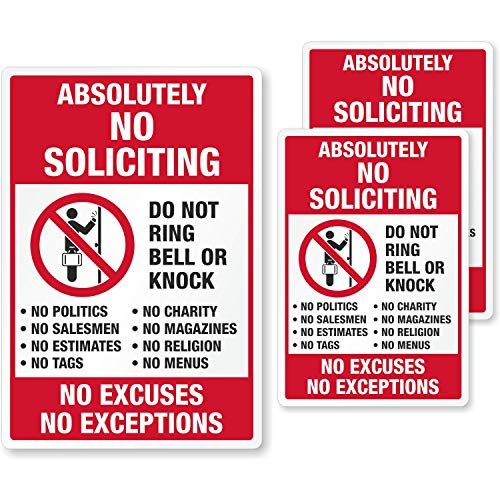 SmartSign Absolutely No Soliciting Stickers, No Excuses No Exceptions Do Not Ring Bell Knock Decals Set, Pack of 3, One 3.75'x5.5' & Two 2.75'x4'