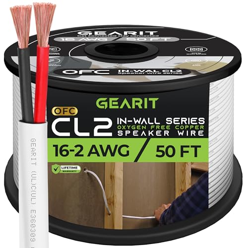 GearIT 16/2 Speaker Wire (50 Feet) 16AWG Gauge - in Wall Audio Speaker Wire Cable / CL2 Rated / 2 Conductors - OFC Oxygen-Free Copper, White 50ft
