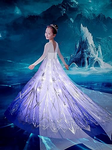 UPORPOR Light Up Dress Princess Costume for Girls Snow Dress Up Clothes Queen Halloween Christmas Ice Dress for Kids Costume, White Purple, 110