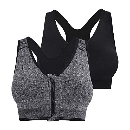 Fapreit Women's Zip Front Closure Sports Bra - Seamless Wirefree Post Surgery Padded Racerback Workout Gym Yoga Bras 2 Pack (Black, Grey)