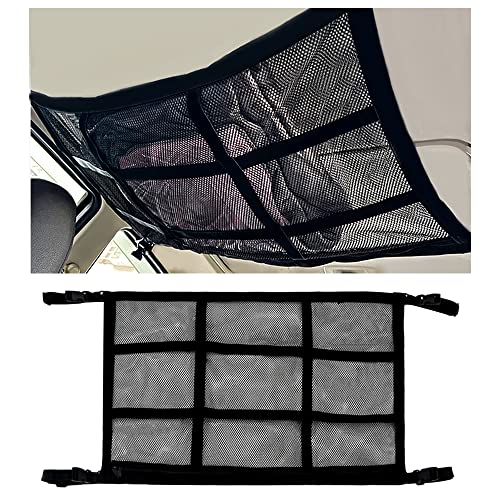 Improve Version Car Ceiling Cargo Net Pocket with Zip,Reinforced Webbing&Double Layers Cargo Carrier,Universal Road Trip Essentials Car Organizers and Storage for Tent,Toy,Quilts