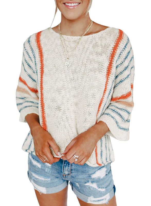 Dokotoo Women's Color Block Striped Bell Sleeve Cable Knit Pullover Sweater