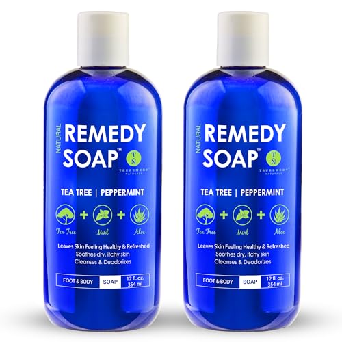 Remedy Soap Pack of 2, Helps Wash Away Body Odor, Sooth Athlete’s Foot, Ringworm, Jock Itch, Yeast Infections and Skin Irritations, 100% Natural with Tea Tree Oil, Mint & Aloe 12 oz
