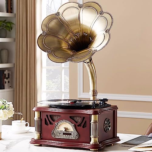 HZLSBL Vintage Gramophone with Bluetooth Output Vintage Record Players Retro Gramophone Turntables for 7' 9' 12' Vinyl Records 3 Speed, Hi-Fi, Handcrafted by Pure Oak (Walnut)