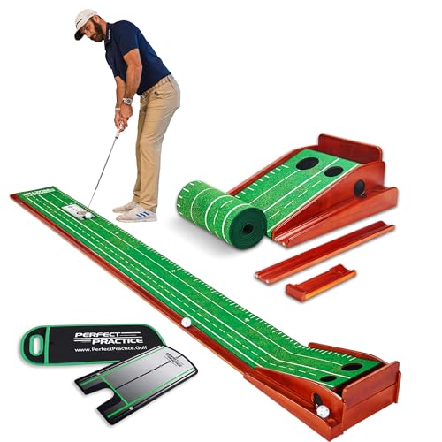 PERFECT PRACTICE Putting Mat w/Alignment Mirror - Indoor Golf Putting Green w/ 2 Holes - Putting Matt for Indoors Practice - Golf Training Aid for Home - Golf Accessories and Gifts for Men
