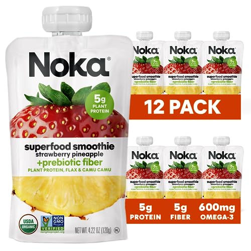 Noka Superfood Fruit Smoothie Pouches, Strawberry Pineapple, Healthy Snacks with Flax Seed, Plant Protein and Prebiotic Fiber, Vegan and Gluten Free Snacks, Organic Squeeze Pouch, 4.22 oz, 12 Count