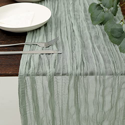 DOLOPL Sage Green Cheesecloth Table Runner 13.3ft Boho Gauze Cheese Cloth Table Runner Rustic Sheer Runner 160inch Long for Happy Easter Wedding Bridal Baby Shower Birthday Table Decorations