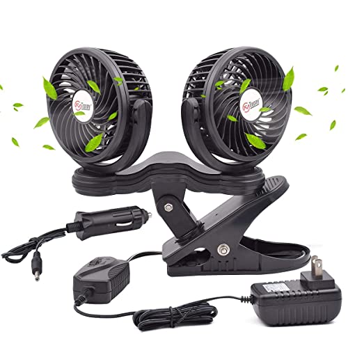 TN TONNY Dual Head Clip Fan, 4 Inches Electric Car Clip Fans 360° Rotatable,12V Cooling Air Fan with Stepless Speed Regulation for Vehicle or Home
