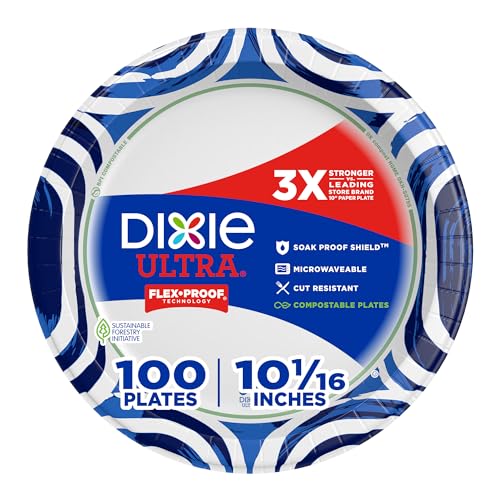 Dixie Ultra, Large Paper Plates, 10 Inch, 100 Count, 3X Stronger*, Heavy Duty, Microwave-Safe, Soak-Proof, Cut Resistant, Disposable Plates For Heavy, Messy Meals