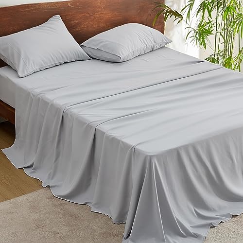 Bedsure Cooling Sheets for Queen Size Bed Set, Polyester & Rayon Derived from Bamboo, Breathable & Wrinkle Free, Silky Soft with 16 Inch Deep Pocket Bed Sheets - Grey
