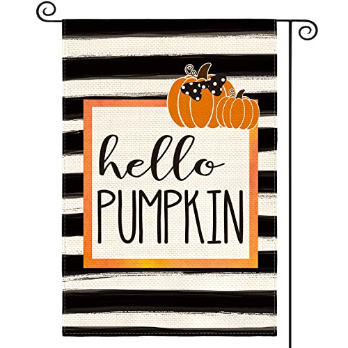 AVOIN colorlife Hello Pumpkin Fall Garden Flag 12 x 18 Inch Watercolor Stripes Double Sided, Autumn Seasonal Rustic Yard Outdoor Decoration