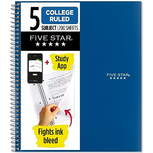Five Star Spiral Notebook + Study App, 5 Subject, College Ruled Paper, Fights Ink Bleed, Water Resistant Cover, 8-1/2' x 11', 200 Sheets, Blue (73635)