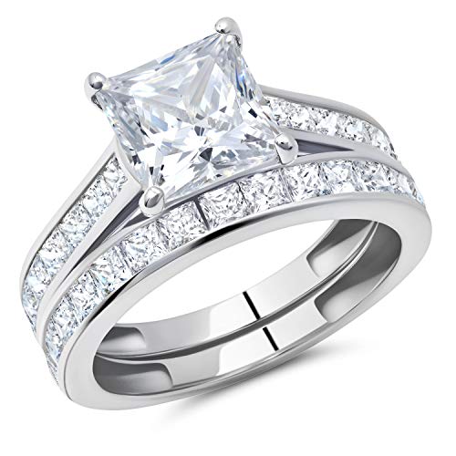 MAX + STONE 3.0 Carat Princess Cut Square Cubic Zirconia Engagement Ring with Wedding Band Set for Women in 10k White Gold CZ (3.0 CT.TW) Size 7