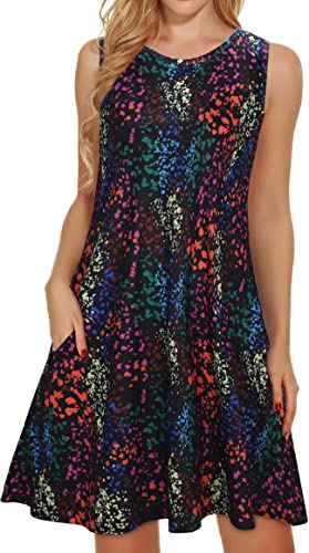 Summer Dresses for Women Beach Floral Tshirt Sundress Sleeveless Pockets Casual Loose Tank Dress(Black Colorful,L)