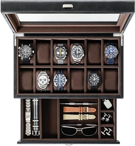 TAWBURY 12 Watch Collection Box for Men - Black Watch Box Organizer for Men | Watch Holder Organizer for Men | Watch Boxes for Men Leather Faux | Watchbox