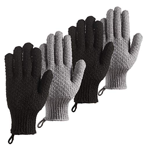 CLEEDY Bath Exfoliating Gloves Scrub - 4 Pcs Lengthened and Large Exfoliating Scrubbing Gloves for Shower, Spa, Massage - Scrub Exfoliating Mitts for Body, Face, Hand and Foot (Black and Gray)