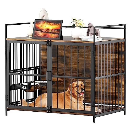 ROOMTEC Furniture Style Large Dog Crate with 360° & Adjustable Raised Feeder for Dogs 2 Stainless Steel Bowls -End Table House Pad, Indoor Use,41' L X 24' W 36' H, Classic Brown