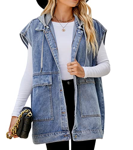 PAODIKUAI Women's Denim Vest Mid Long Jean Vest Sleeveless Jackets Distressed Vest Cotton (A-blue with hood, Large)