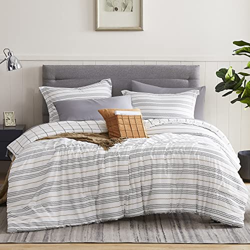 MaiRêve White Queen Bed in A Bag, Soft Yellow Grey Stripe/Checkered Comforter Set with Sheets 8 Pieces (Yellow and Grey Double,Queen)