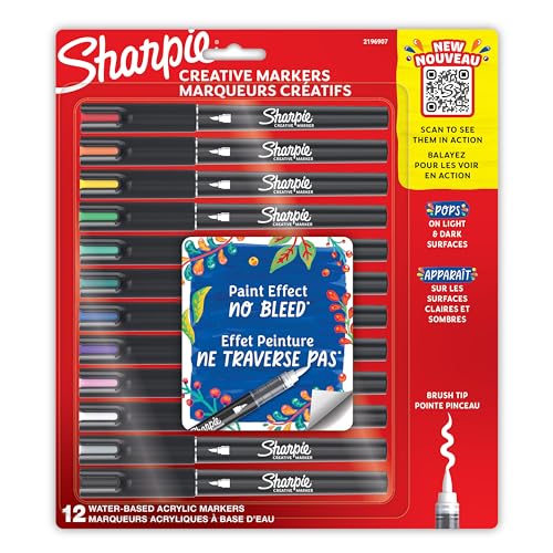 SHARPIE Creative Markers, Water-Based Acrylic Markers, Brush Tip, Assorted Colors, 12 Count