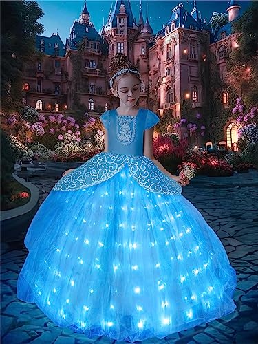 UPORPOR Light Up Cinderella Girls Costume Princess Blue Fairy Dress for Little Toddler Ball Gown Kids Halloween Costumes LED Dress Up Clothes 110