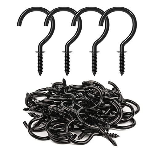 RELBRO 50 Pcs Screw Hooks, 1-1/4 Inch Black Cup Hooks Screw in Mug Hooks Metal Heavy Duty Screw Wood Wall Ceiling Hooks Plant Hooks Indoor Outdoor for Utensils Plants Baskets Lights Wreaths