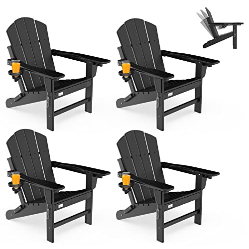 Mdeam Folding Adirondack Chairs Set of 4 Adjustable Backrest with Cup Holder, Fire Pit Chairs,HDPE All Weather for Patio Lawn Outdoor, Black