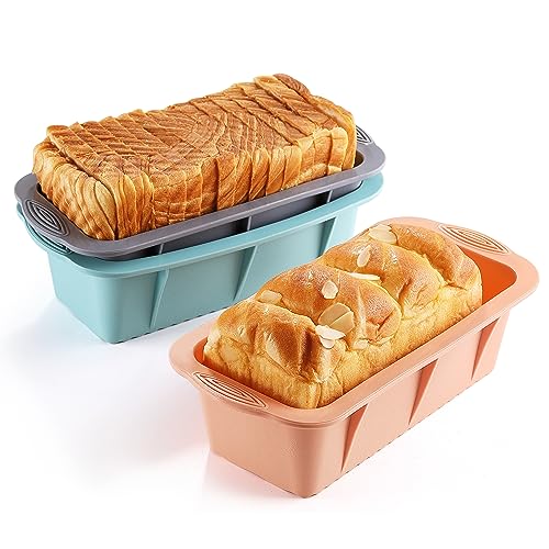 MONGSEW 3PCS Silicone Bread Loaf Pan, Non-Stick Bread Pans for Baking, Easy Release Loaf Pan, Great for Homemade Bread, Cakes, Brownies, Dishwasher Safe (3 Colors, Nesting Design)