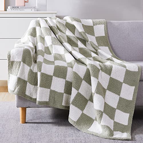 WRENSONGE Checkered Throw Blanket, Sage Green Microfiber Soft Cozy Fluffy Warm Hand Made Throw Blankets for Couch, Sofa, Chair, Bed, Camping, Picnic, Travel Lightweight Bed Blanket - 50'*70'