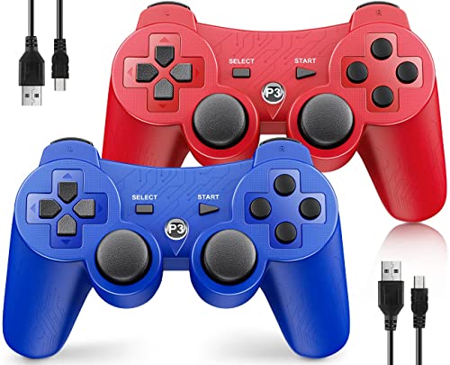 OKHAHA Controller 2 Pack for PS3 Wireless Controller for Sony Playstation 3, Double Shock 3, Bluetooth, Rechargeable, Motion Sensor, Remote for PS3 (With Stripes(Blue + Red))