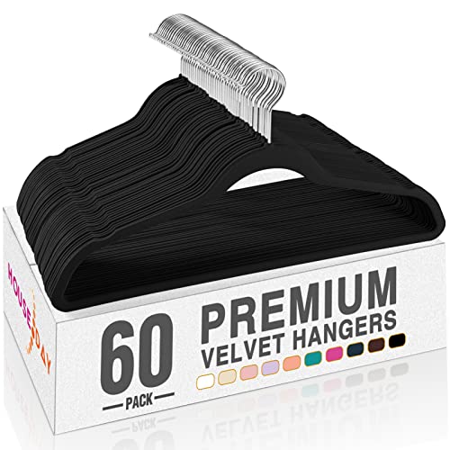 HOUSE DAY Black Velvet Hangers 60 Pack, Premium Clothes Non-Slip Felt Hangers, Sturdy Heavy Duty Coat Durable Suit for Space Saving, No Hanger Marks 360° Rotating