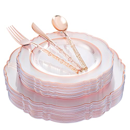Liacere 150PCS Rose Gold Plastic Plates - Clear Rose Gold Disposable Plates with Glitter Bamboo Handle Cutlery - 60 Baroque Elegant Plates, 30 Forks, 30 Spoons, 30 Knives for Wedding & Mother’s Day