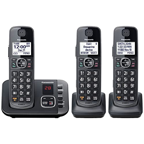 Panasonic DECT 6.0 Expandable Cordless Phone System with Answering Machine and Call Blocking - 3 Handsets - KX-TGE633M (Metallic Black)