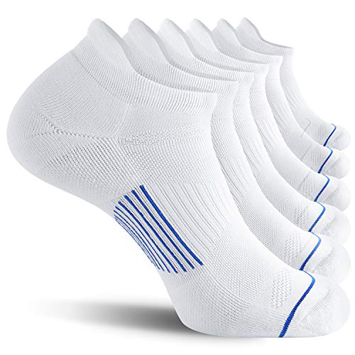 FITRELL 6 Pack Men's Ankle Running Socks Low Cut Cushioned No Show Athletic Sports Socks, Shoe Size 9-12, White+Blue