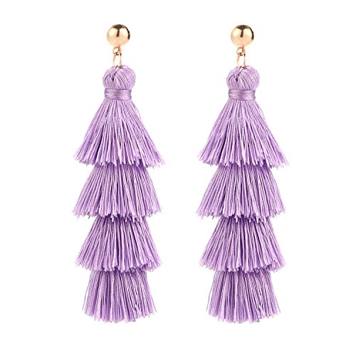 BaubleStar Fashion Gold Tassel Dangle Earrings Layered Long Bonita Tiered Lavender Purple Thread Tassel Drop Statement Jewelry for Women Girls